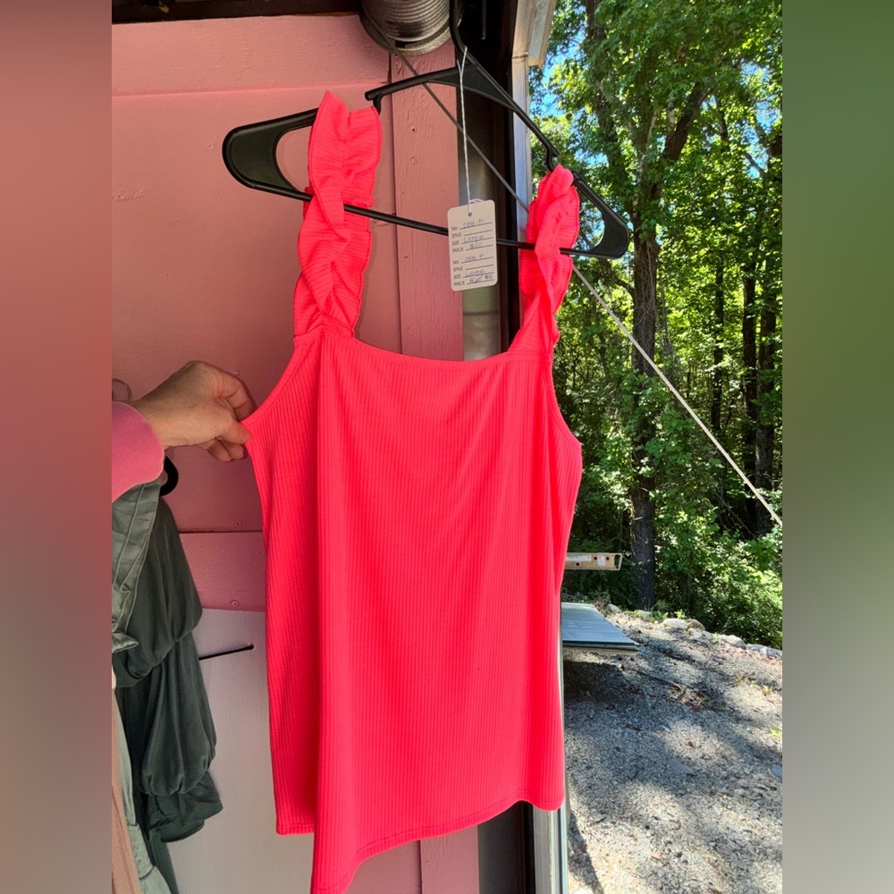 BiBi Neon Pink Ribbed tank with Ruffle  Straps NWT